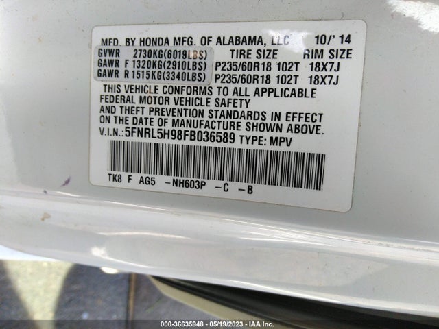 2015 HONDA ODYSSEY TOURING VIN: 5FNRL5H98FB036589
