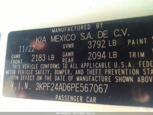 3KPF24AD6PE567067 KIA Forte Lxs