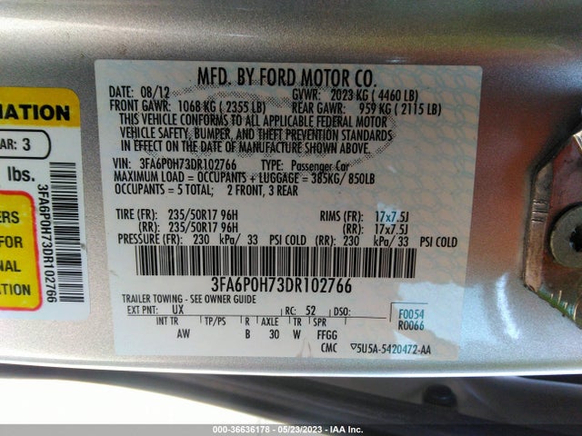 2013 FORD FUSION SE VIN: 3FA6P0H73DR102766