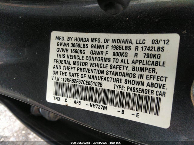2012 HONDA CIVIC SDN LX VIN: 19XFB2F57CE051025