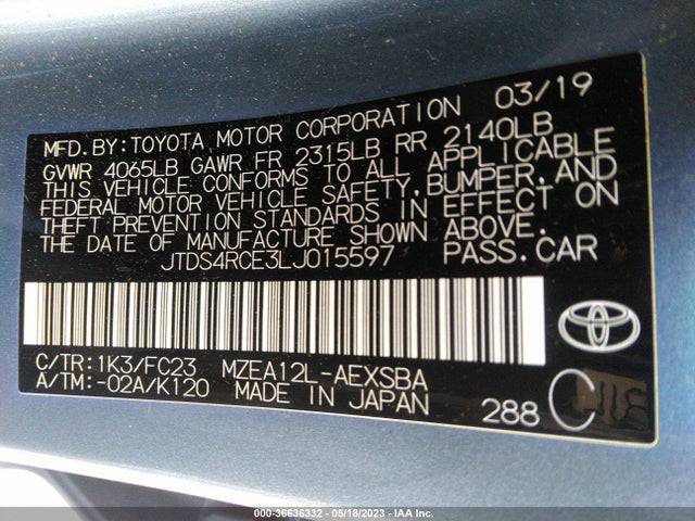2020 TOYOTA COROLLA SE/NIGHTSHADE VIN: JTDS4RCE3LJ015597