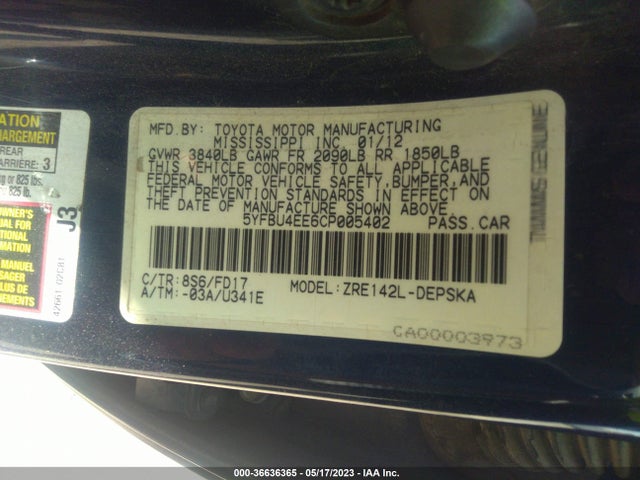 2012 TOYOTA COROLLA L/LE/S VIN: 5YFBU4EE6CP005402