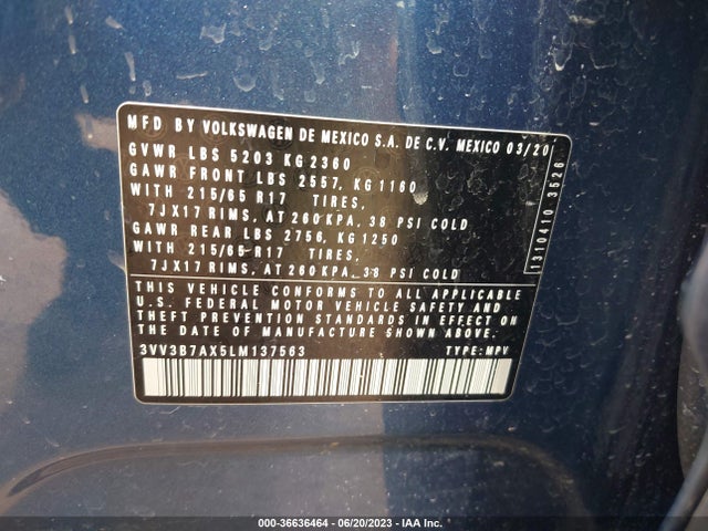 3VV3B7AX5LM137563 Volkswagen Tiguan Se/sel/se R-line Black