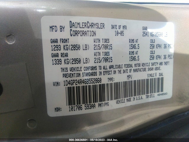 2006 DODGE GRAND CARAVAN SE VIN: 1D4GP24R46B552860