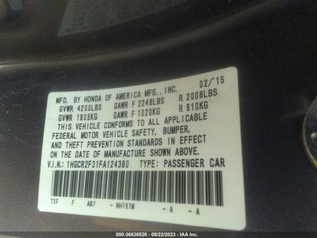 Honda Accord Sedan Lx 2015 1HGCR2F31FA124380 Image 9