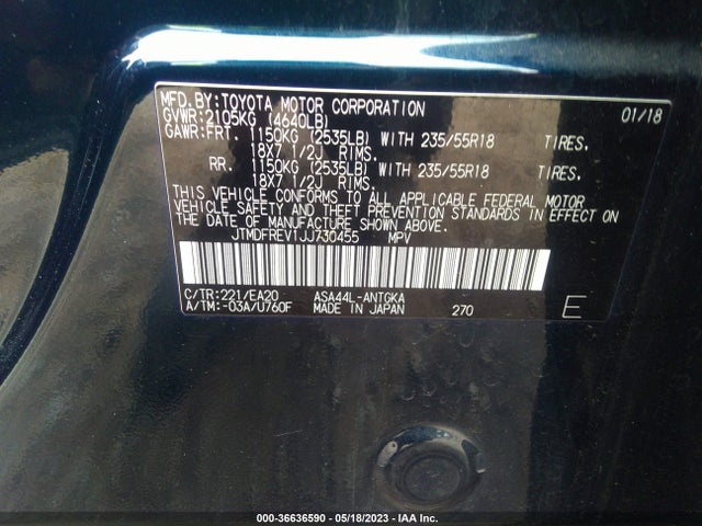2018 TOYOTA RAV4 LIMITED/PLATINUM VIN: JTMDFREV1JJ730455