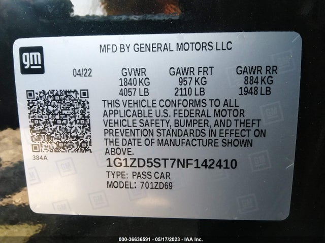 2022 CHEVROLET MALIBU LT VIN: 1G1ZD5ST7NF142410