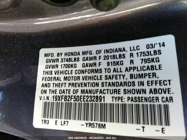 Honda Civic Sedan Lx 2014 19XFB2F50EE232891 Image 9