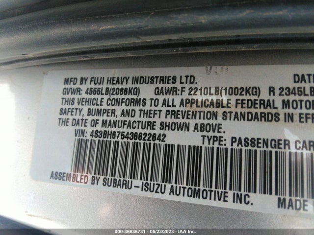 2003 SUBARU LEGACY WAGON OUTBACK VIN: 4S3BH675436622642