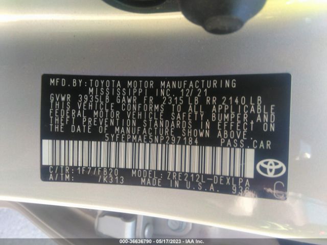 5YFEPMAE5NP297184 Toyota COROLLA LE