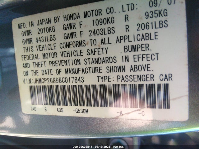 2008 HONDA ACCORD SDN EX-L VIN: JHMCP26898C017843