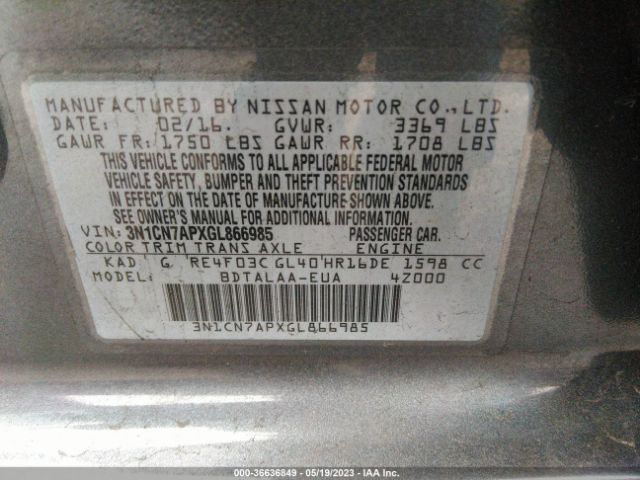 3N1CN7APXGL866985 Nissan VERSA S