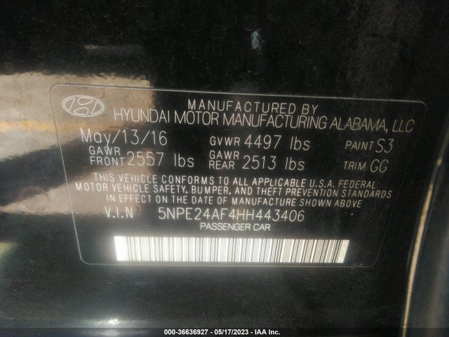 Hyundai Sonata 2.4l 2017 5NPE24AF4HH443406 Image 10