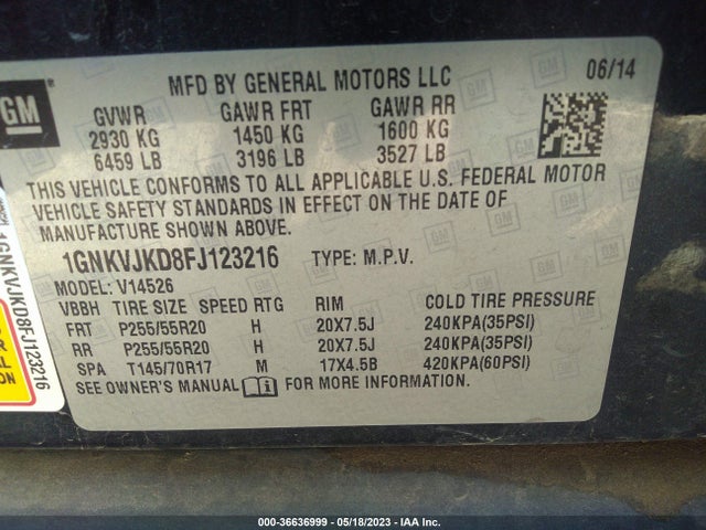 Chevrolet Traverse Ltz 2015 1GNKVJKD8FJ123216 Image 10