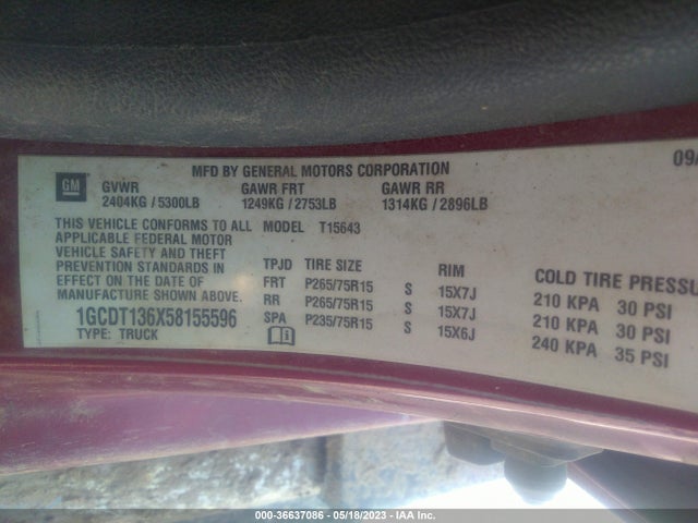 2005 CHEVROLET COLORADO 1SF LS Z71 VIN: 1GCDT136X58155596