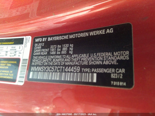 2012 MINI COOPER ROADSTER S VIN: WMWSY3C57CT144459