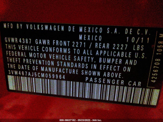 2012 VOLKSWAGEN GLI VIN: 3VW467AJ5CM059964