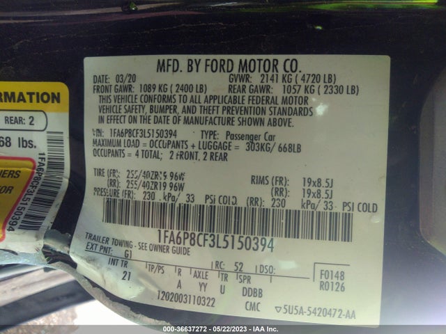 2020 FORD MUSTANG GT VIN: 1FA6P8CF3L5150394