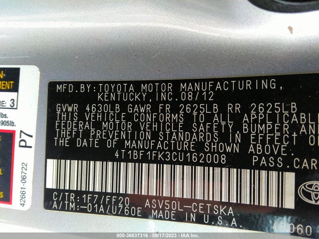 2012 TOYOTA CAMRY L/LE/SE/XLE VIN: 4T1BF1FK3CU162008