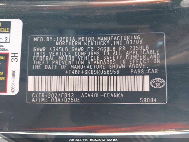 2009 TOYOTA CAMRY VIN: 4T4BE46K89R058956