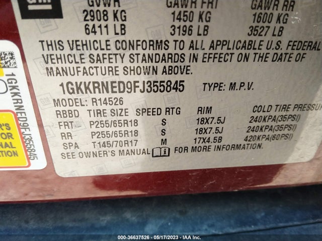 2015 GMC ACADIA SLE VIN: 1GKKRNED9FJ355845