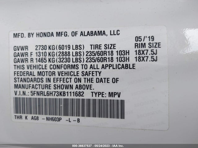 Honda Odyssey Ex-l 2019 5FNRL6H73KB111682 Image 9