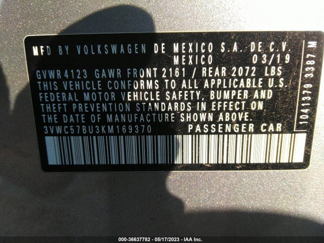 3VWC57BU3KM169370 Volkswagen Jetta S/se/r-line