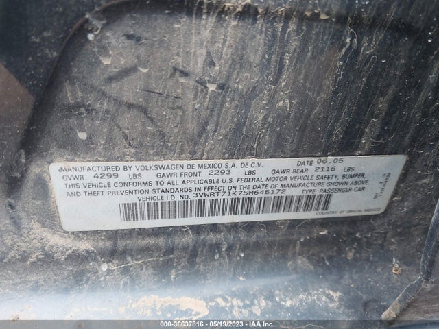 2005 VOLKSWAGEN JETTA SEDAN A5 VIN: 3VWRT71K75M645172