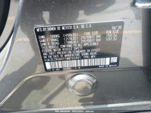 2021 HONDA HR-V EX-L VIN: 3CZRU6H71MM702891