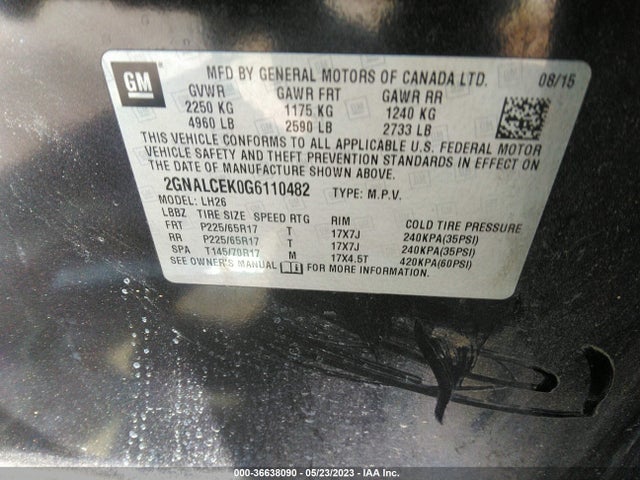 Chevrolet EQUINOX LT 2016 2GNALCEK0G6110482 Image 9