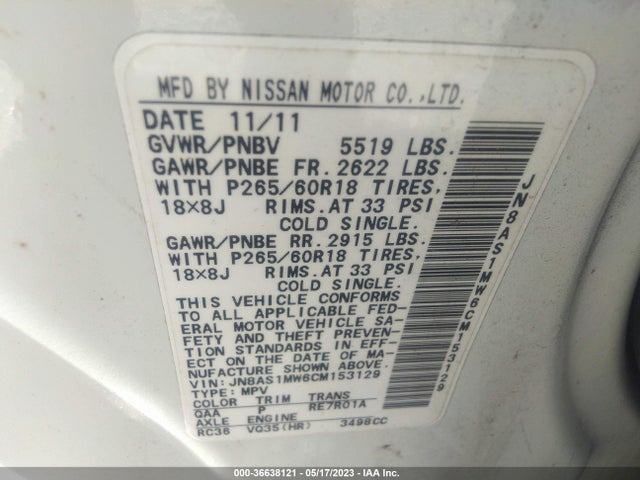 2012 INFINITI FX35 VIN: JN8AS1MW6CM153129