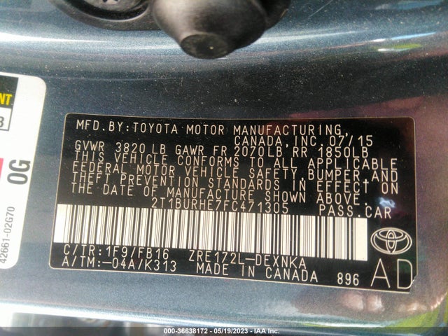 2015 TOYOTA COROLLA L/LE/S/S PLUS/LE PLUS VIN: 2T1BURHE7FC471305