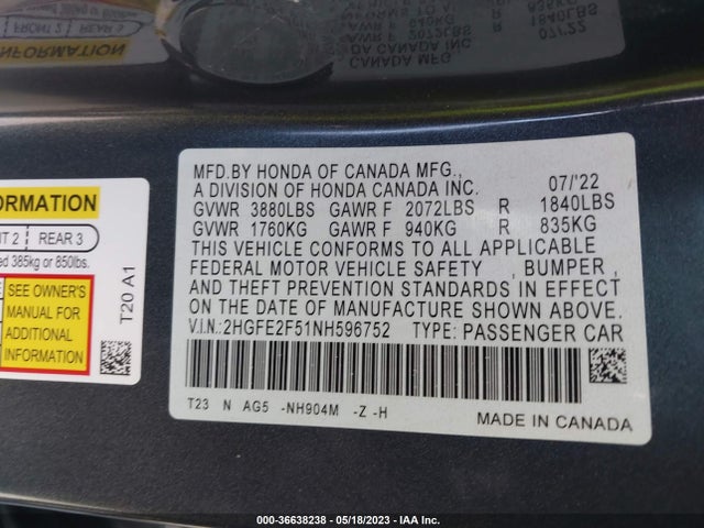 2022 HONDA CIVIC SEDAN SPORT VIN: 2HGFE2F51NH596752