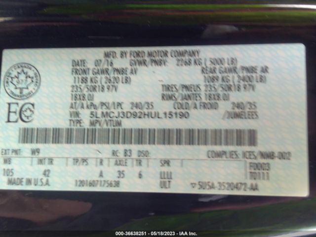 5LMCJ3D92HUL15190 Lincoln Mkc Reserve