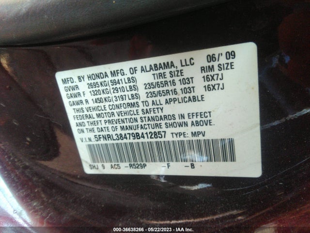 2009 HONDA ODYSSEY EX VIN: 5FNRL38479B412857