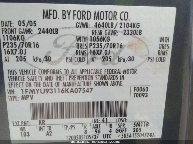 2006 FORD ESCAPE XLT VIN: 1FMYU93116KA07547
