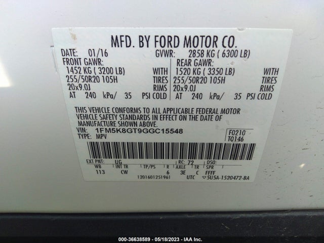 Ford EXPLORER SPORT 2016 1FM5K8GT9GGC15548 Image 9
