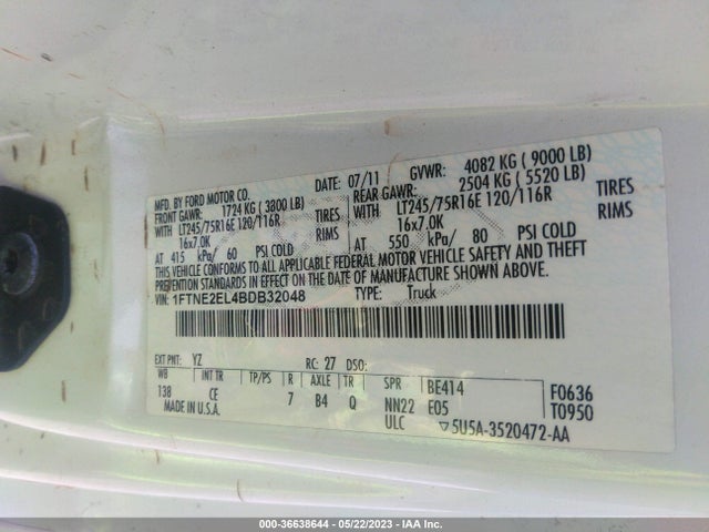 2011 FORD ECONOLINE CARGO VAN COMMERCIAL/RECREATIONAL VIN: 1FTNE2EL4BDB32048