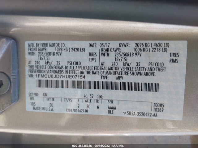 2017 FORD ESCAPE TITANIUM VIN: 1FMCU0JD7HUE07154
