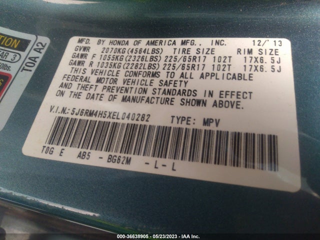 Honda CR-V EX 2014 5J6RM4H5XEL040282 Image 9