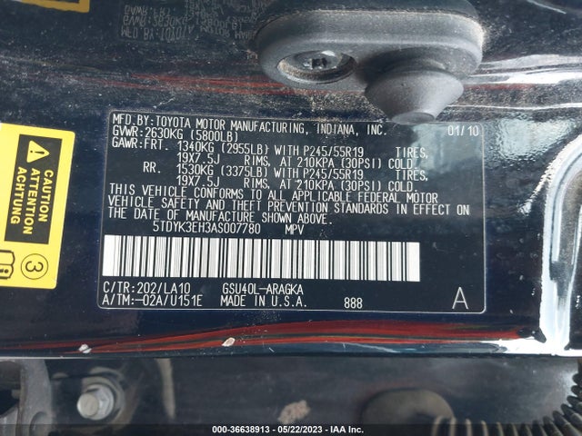 2010 TOYOTA HIGHLANDER LIMITED VIN: 5TDYK3EH3AS007780