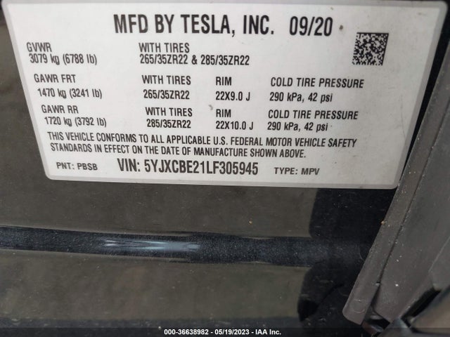 Продаж на аукціоні авто 2020 Tesla Model X Long Range, vin: 5YJXCBE21LF305945, номер лоту: 36638982