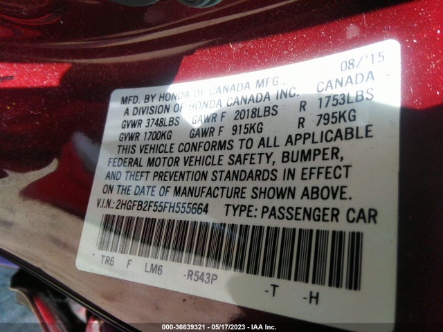 Honda Civic Sedan Lx 2015 2HGFB2F55FH555664 Image 9