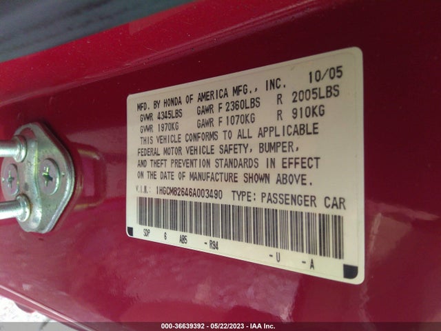 2006 HONDA ACCORD CPE EX-L V6 VIN: 1HGCM82646A003490