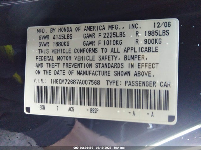 2007 HONDA ACCORD CPE EX-L VIN: 1HGCM72687A007568