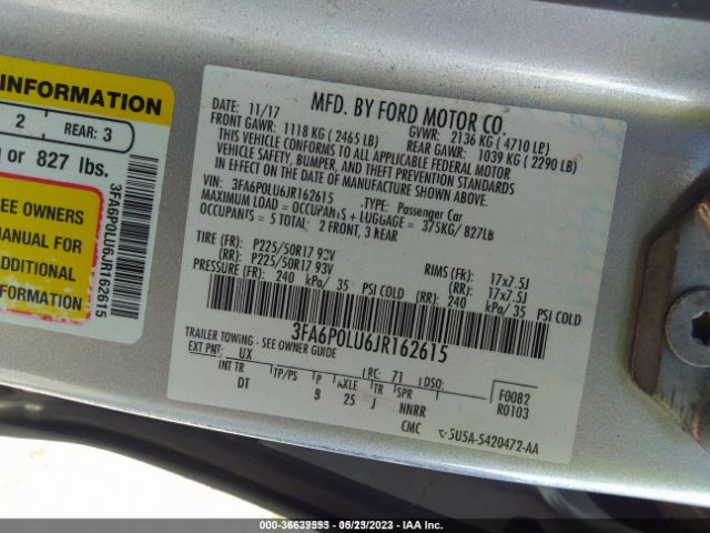 3FA6P0LU6JR162615 Ford Fusion Hybrid Se