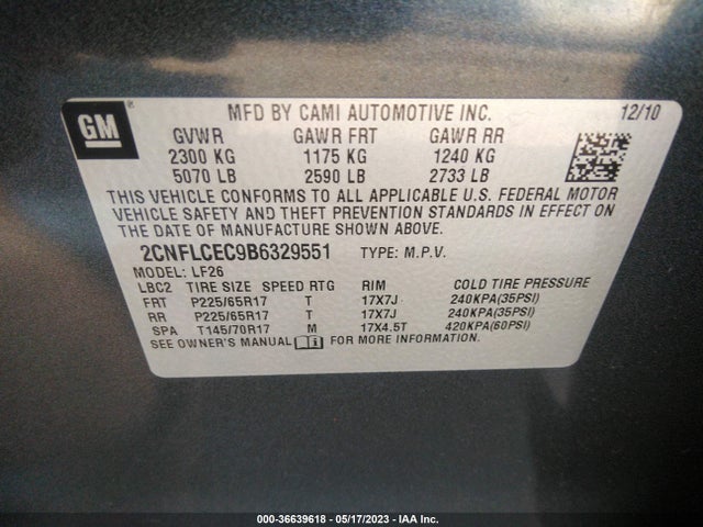 2011 CHEVROLET EQUINOX LS VIN: 2CNFLCEC9B6329551