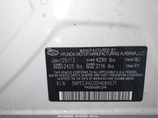 2013 HYUNDAI SONATA SE VIN: 5NPEC4AC0DH684571