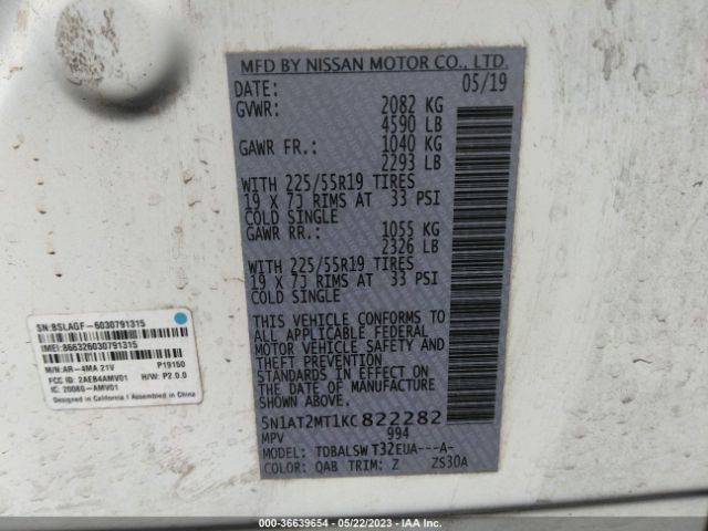 5N1AT2MT1KC822282 Nissan Rogue Sl