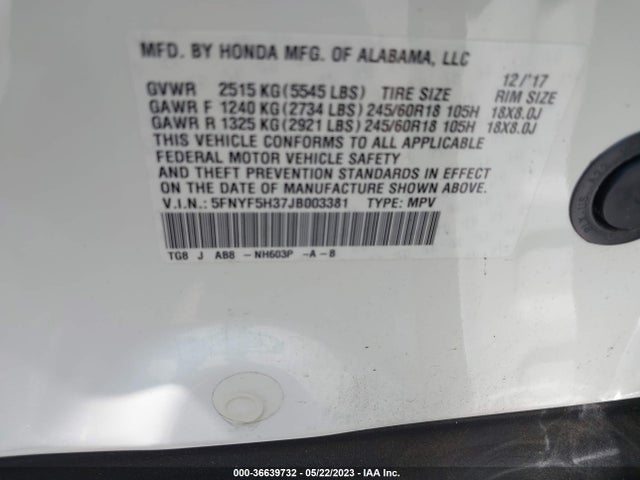 Honda Pilot Ex 2018 5FNYF5H37JB003381 Image 10